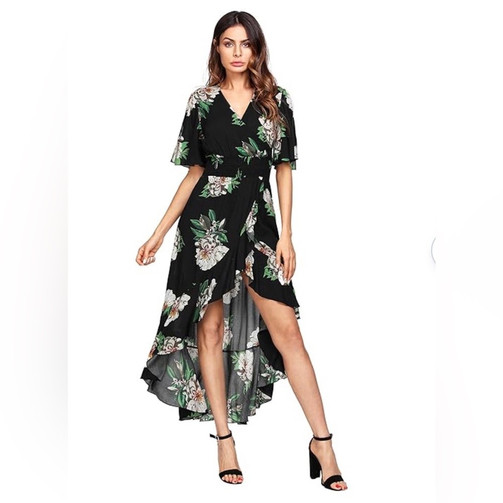 MakeMeChic Women's Short Sleeve Floral High Low V-Neck Long Maxi Dress 1Black XL